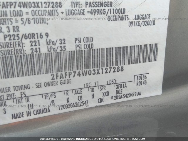 2FAFP74W03X127288 - 2003 FORD CROWN VICTORIA LX GRAY photo 9