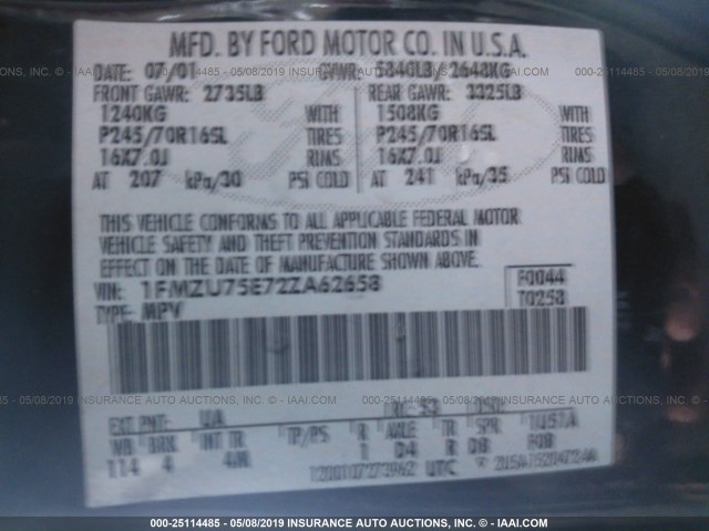 1FMZU75E72ZA62658 - 2002 FORD EXPLORER LIMITED BLACK photo 9