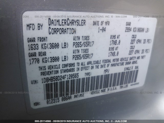 1D8HB58D24F120565 - 2004 DODGE DURANGO LIMITED SILVER photo 9