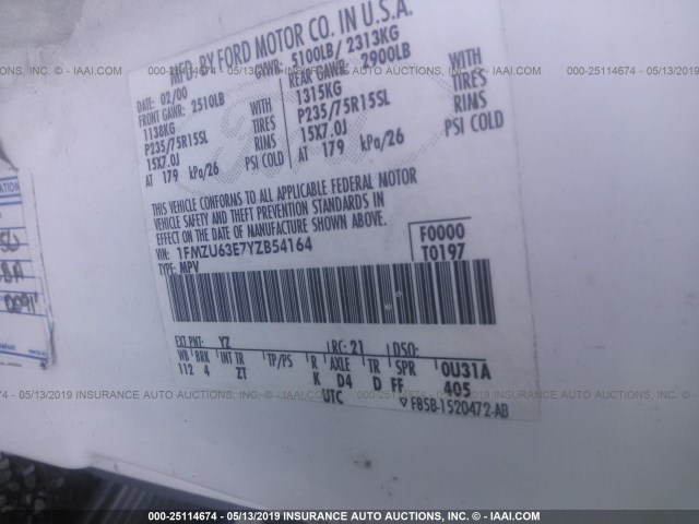 1FMZU63E7YZB54164 - 2000 FORD EXPLORER XLT WHITE photo 9