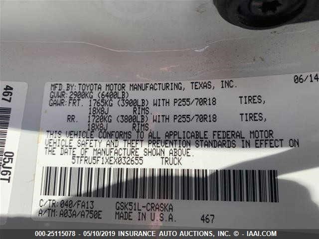 5TFRU5F1XEX032655 - 2014 TOYOTA TUNDRA WHITE photo 9