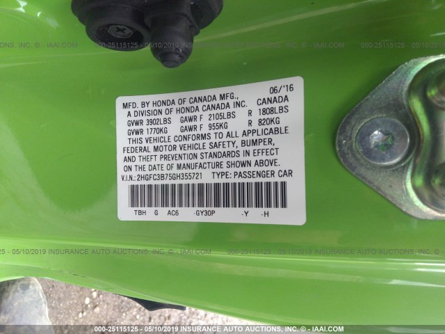 2HGFC3B75GH355721 - 2016 HONDA CIVIC EXL GREEN photo 9