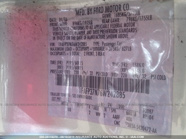 1FAFP37N76W242885 - 2006 FORD FOCUS ZX5 SILVER photo 9