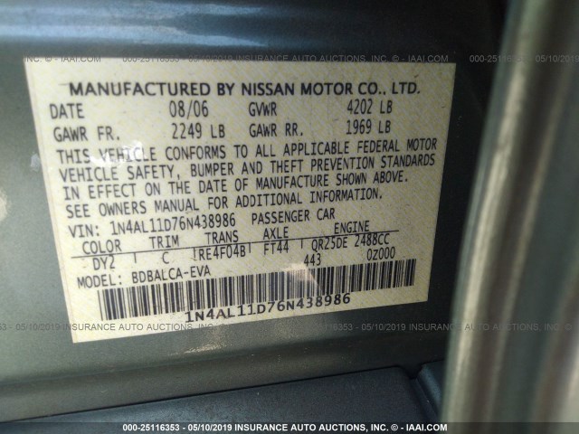 1N4AL11D76N438986 - 2006 NISSAN ALTIMA S/SL CREAM photo 9