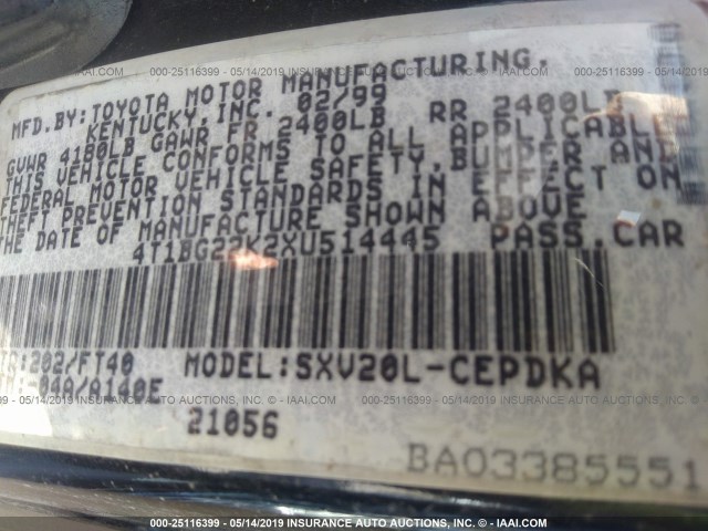 4T1BG22K2XU514445 - 1999 TOYOTA CAMRY CE/LE/XLE 黑色 照片 9