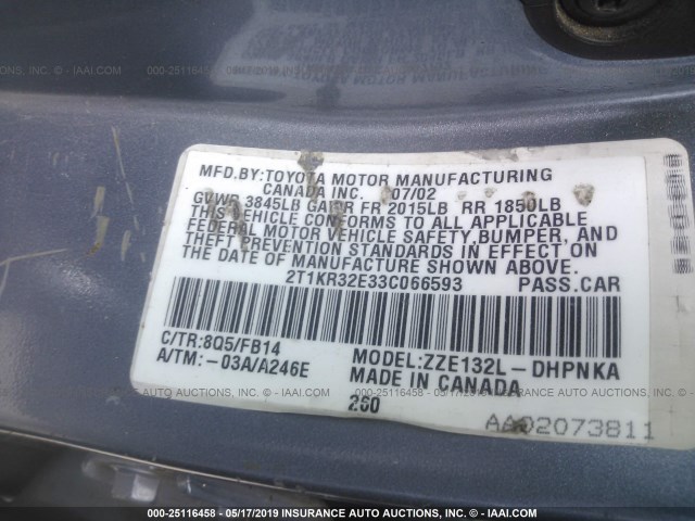 2T1KR32E33C066593 - 2003 TOYOTA COROLLA MATRIX XR BLUE photo 9