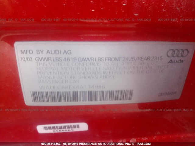 WAULC68EX4A134986 - 2004 AUDI A4 1.8T QUATTRO RED photo 9