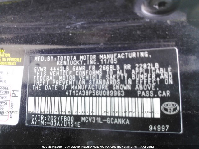 4T1CA38P56U089963 - 2006 TOYOTA CAMRY SOLARA SE/SLE შავი ფოტო 9