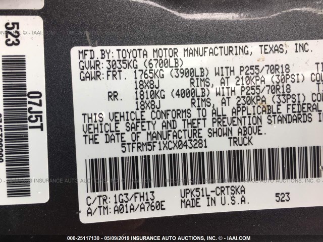 5TFRM5F1XCX043281 - 2012 TOYOTA TUNDRA GRAY photo 9