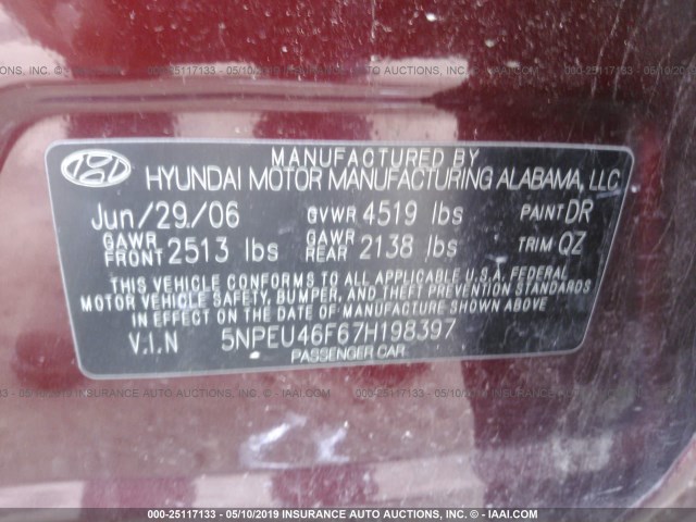 5NPEU46F67H198397 - 2007 HYUNDAI SONATA SE/LIMITED MAROON photo 9