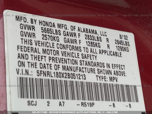 5FNRL180X2B051213 - 2002 HONDA ODYSSEY EXL RED photo 9