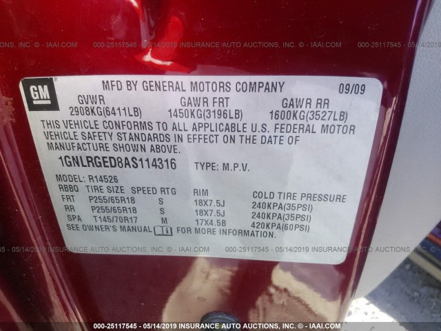 1GNLRGED8AS114316 - 2010 CHEVROLET TRAVERSE LT RED photo 9