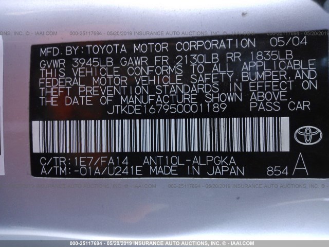 JTKDE167950001189 - 2005 TOYOTA SCION TC ვერცხლისფერი ფოტო 9