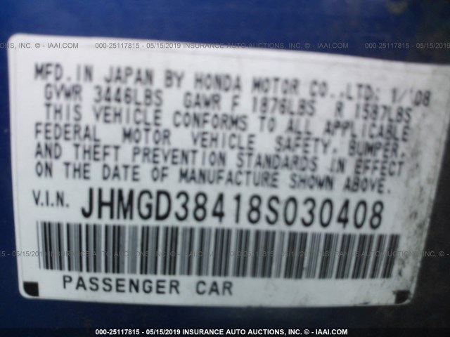 JHMGD38418S030408 - 2008 HONDA FIT BLUE photo 9