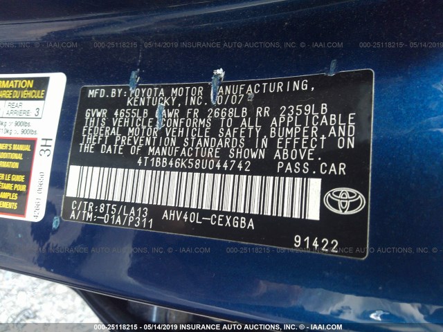 4T1BB46K58U044742 - 2008 TOYOTA CAMRY HYBRID BLUE photo 9