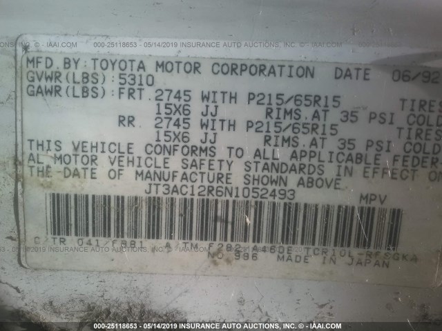 JT3AC12R6N1052493 - 1992 TOYOTA PREVIA LE WHITE photo 9