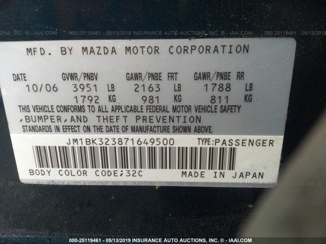 JM1BK323871649500 - 2007 MAZDA 3 S BLUE photo 9