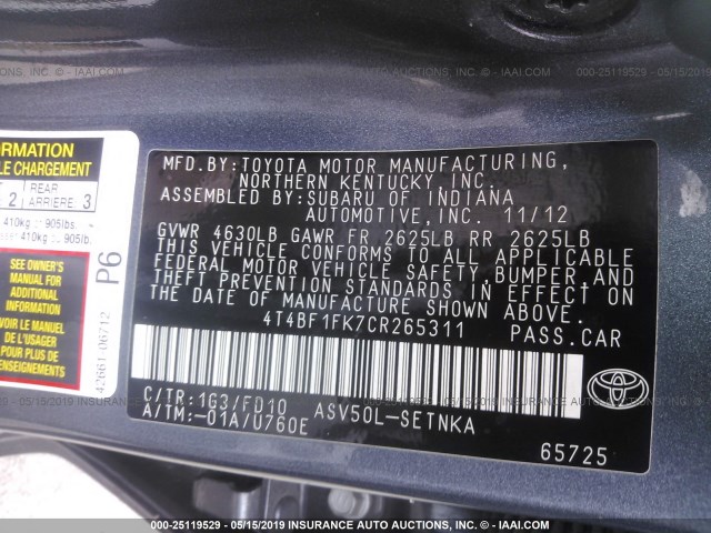 4T4BF1FK7CR265311 - 2012 TOYOTA CAMRY SE/LE/XLE GRAY photo 9