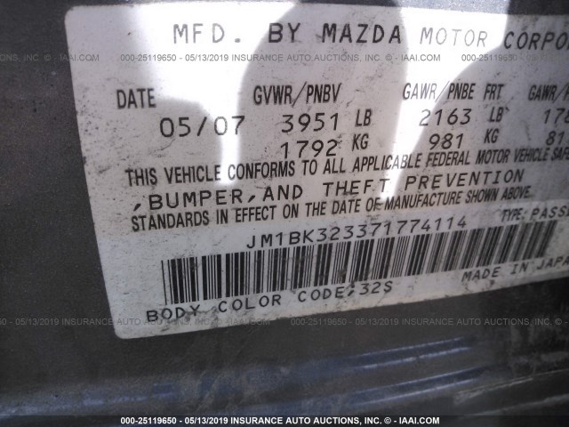 JM1BK323371774114 - 2007 MAZDA 3 S BLACK photo 9