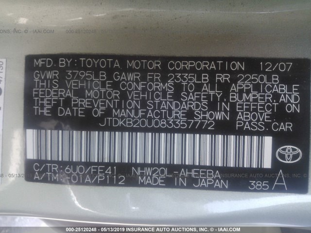 JTDKB20U083357772 - 2008 TOYOTA PRIUS GREEN photo 9