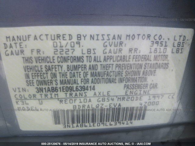 3N1AB61E09L639414 - 2009 NISSAN SENTRA 2.0/2.0S/2.0SL SILVER photo 9