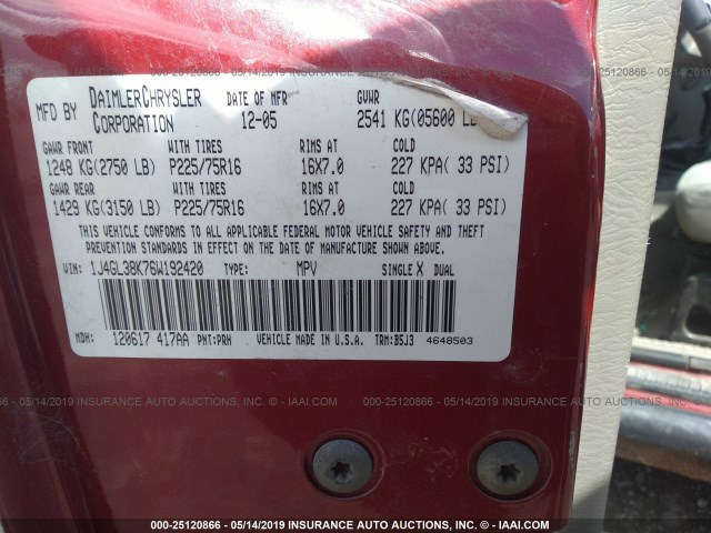 1J4GL38K76W192420 - 2006 JEEP LIBERTY RENEGADE RED photo 9