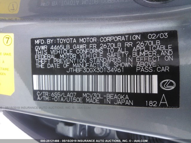 JTHBF30GX30134961 - 2003 LEXUS ES 300 GRAY photo 9