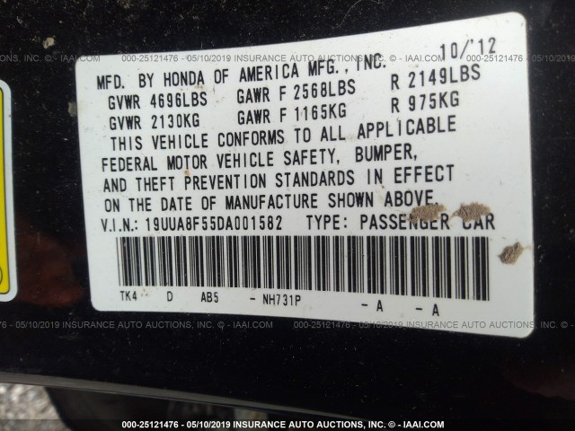 19UUA8F55DA001582 - 2013 ACURA TL TECH BLACK photo 9