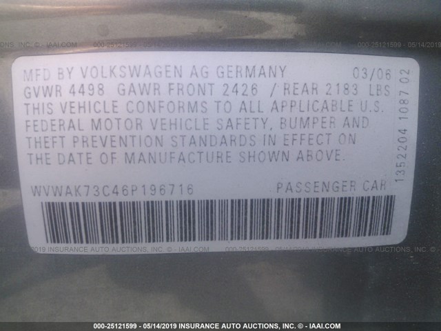 WVWAK73C46P196716 - 2006 VOLKSWAGEN PASSAT 2.0T/2.0T VALUE GRAY photo 9