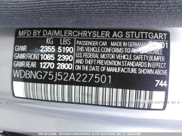 WDBNG75J52A227501 - 2002 MERCEDES-BENZ S 500 SILVER photo 9