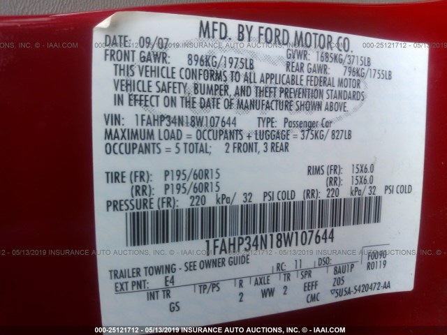 1FAHP34N18W107644 - 2008 FORD FOCUS S/SE RED photo 9