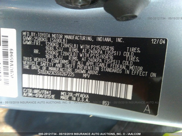 5TDZA23C55S267225 - 2005 TOYOTA SIENNA CE/LE BLUE photo 9