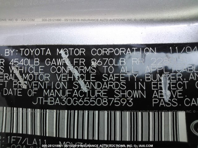 JTHBA30G655087593 - 2005 LEXUS ES 330 SILVER photo 9