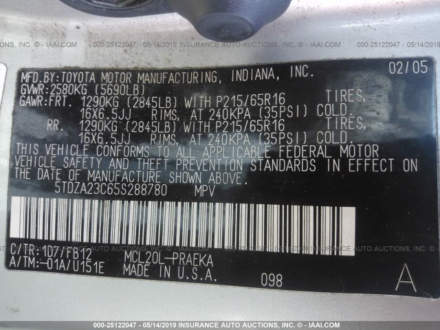 5TDZA23C65S288780 - 2005 TOYOTA SIENNA CE/LE SILVER photo 9