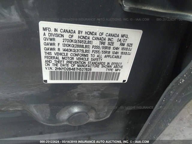 2HNYD28487H537628 - 2007 ACURA MDX TECHNOLOGY GRAY photo 9