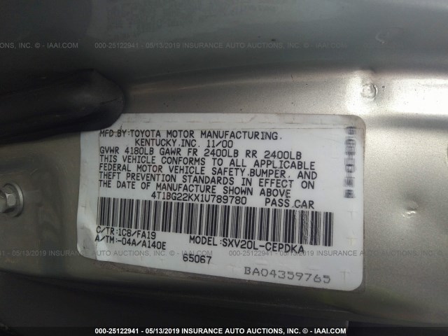 4T1BG22KX1U789780 - 2001 TOYOTA CAMRY CE/LE/XLE GRAY photo 9