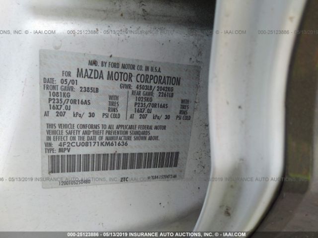 4F2CU08171KM61636 - 2001 MAZDA TRIBUTE LX/ES WHITE photo 9