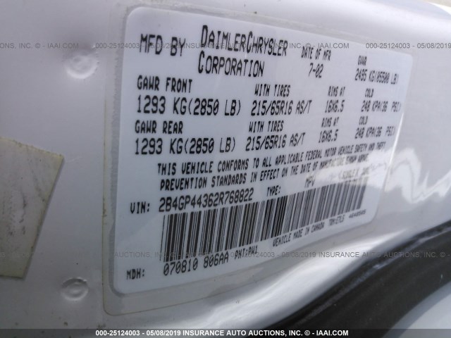 2B4GP44362R768822 - 2002 DODGE GRAND CARAVAN SPORT WHITE photo 9