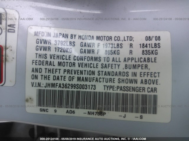 JHMFA36299S003173 - 2009 HONDA CIVIC HYBRID WHITE photo 9