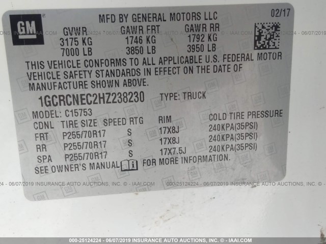 1GCRCNEC2HZ238230 - 2017 CHEVROLET SILVERADO WHITE photo 9