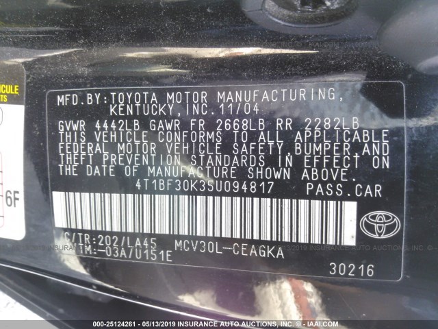 4T1BF30K35U094817 - 2005 TOYOTA CAMRY LE/XLE/SE BLACK photo 9