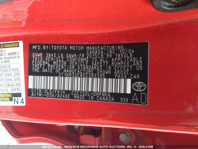 2T1KR32E85C393395 - 2005 TOYOTA COROLLA MATRIX XR RED photo 9