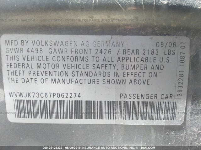 WVWJK73C67P062274 - 2007 VOLKSWAGEN PASSAT GRAY photo 9