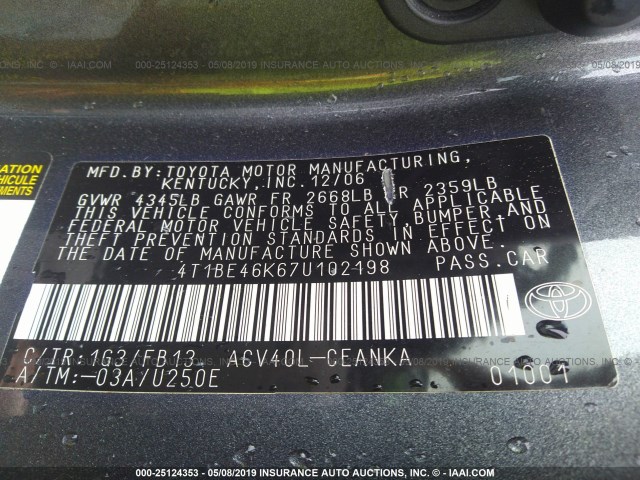 4T1BE46K67U102198 - 2007 TOYOTA CAMRY NEW GENERAT CE/LE/XLE/SE GRAY photo 9