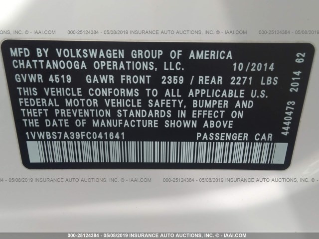 1VWBS7A39FC041641 - 2015 VOLKSWAGEN PASSAT SE WHITE photo 9