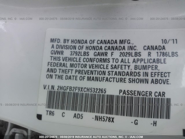 2HGFB2F9XCH532265 - 2012 HONDA CIVIC EXL WHITE photo 9