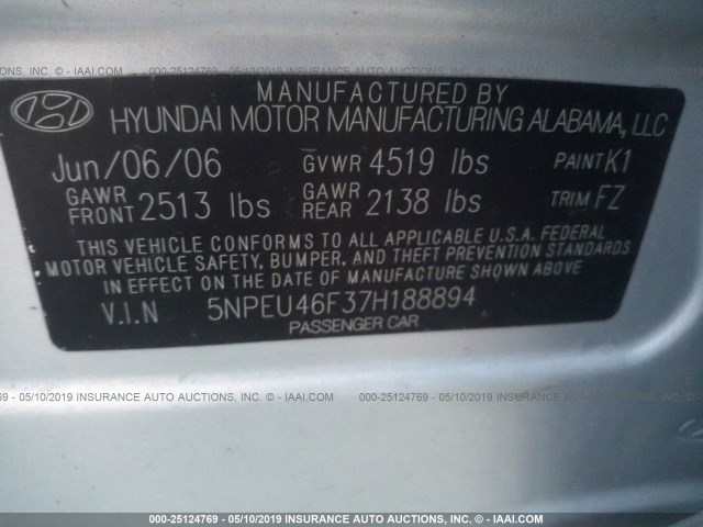 5NPEU46F37H188894 - 2007 HYUNDAI SONATA SE/LIMITED SILVER photo 9