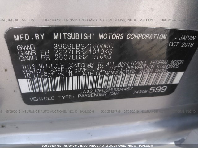 JA32U2FU0HU004457 - 2017 MITSUBISHI LANCER ES SILVER photo 9