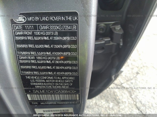 SALME1D41CA368409 - 2012 LAND ROVER RANGE ROVER  GRAY photo 9