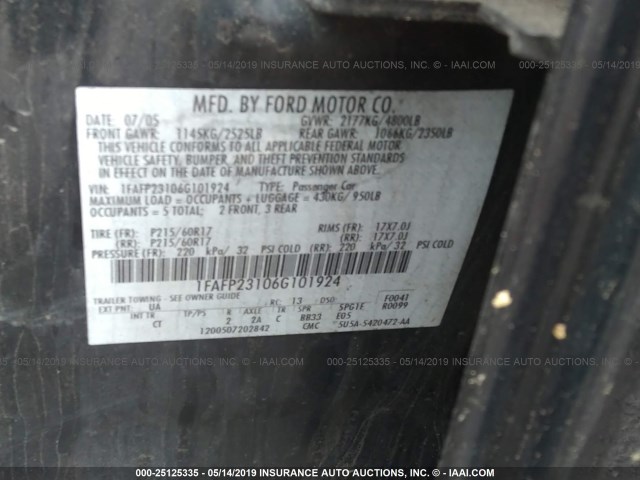 1FAFP23106G101924 - 2006 FORD FIVE HUNDRED SE BLACK photo 9